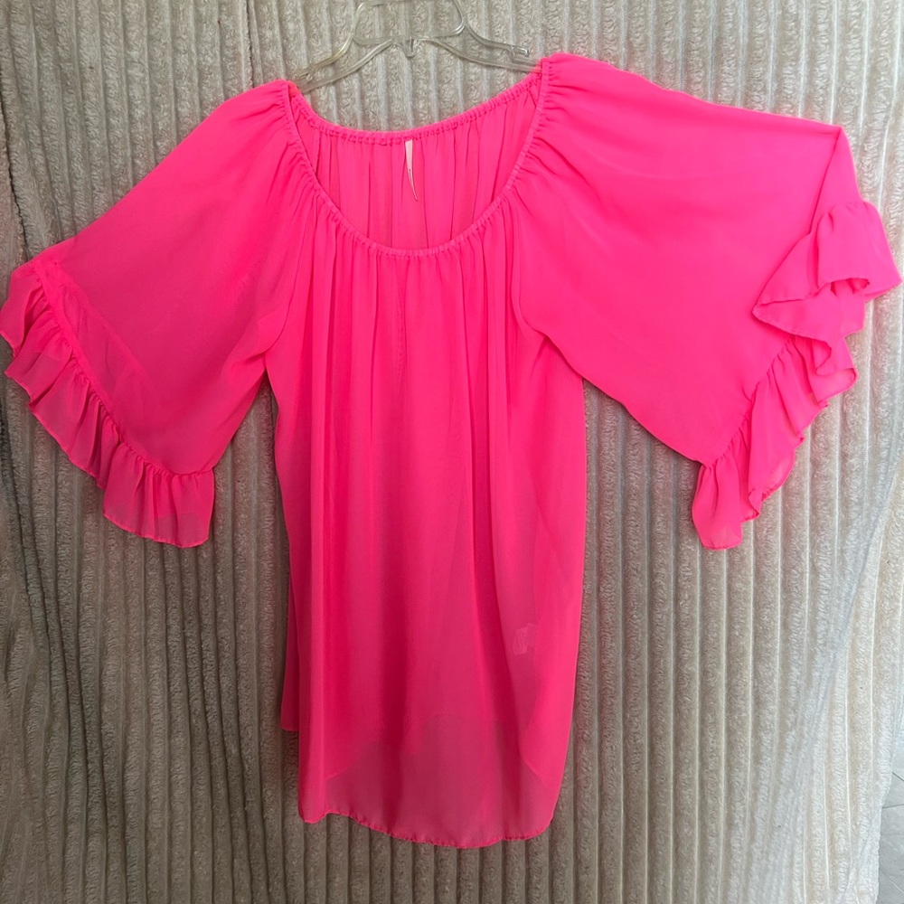 Vibrant Pink Ruffle Sleeve Blouse